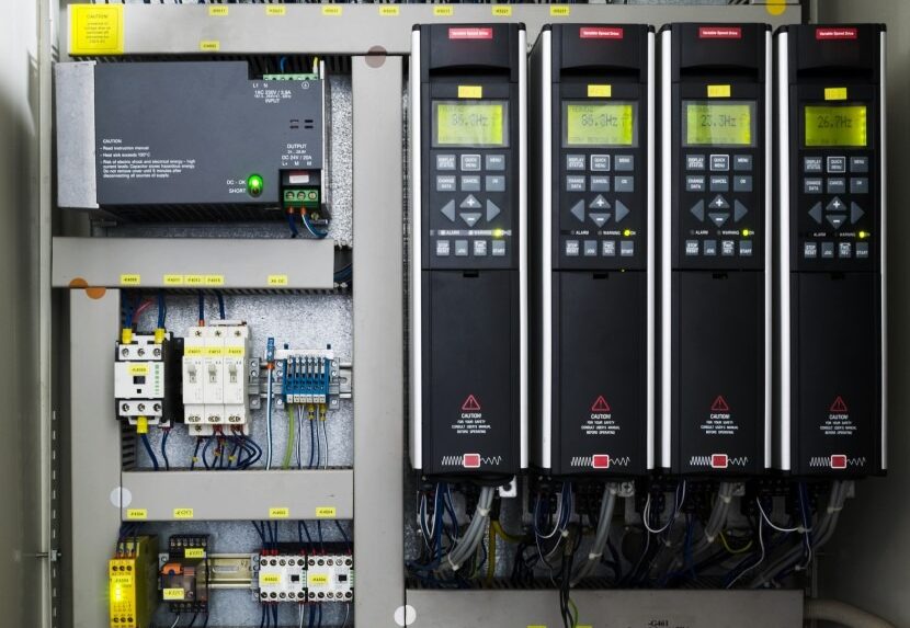 Industrial control panel with multiple variable frequency drives (VFDs), wiring terminals, and automation components for electric motor control.