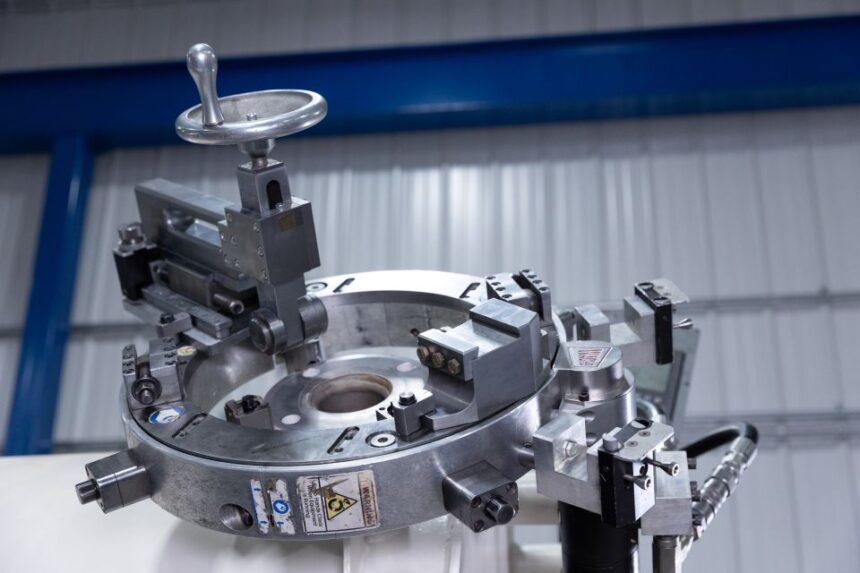 Close-up of precision on-site machining equipment installed on industrial machinery